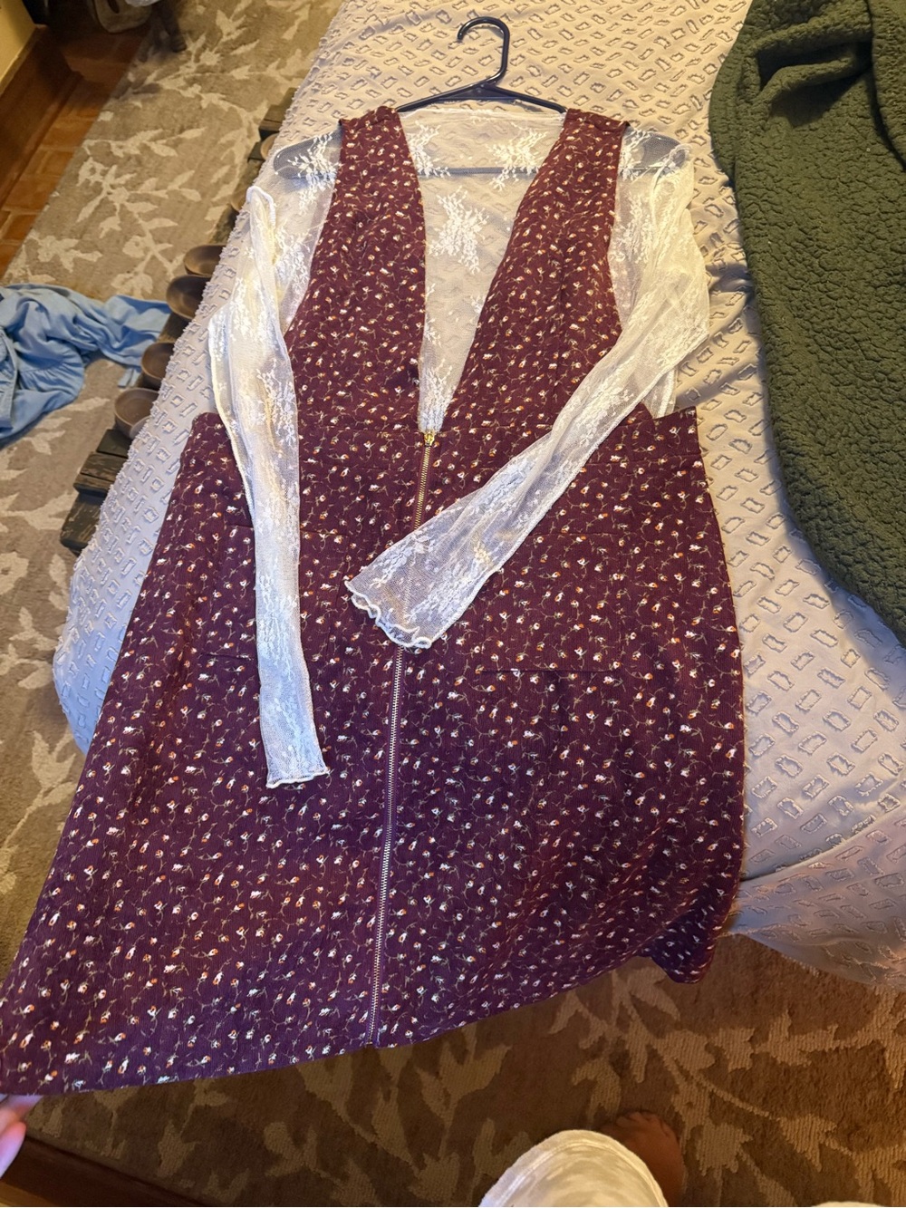Floral Burgundy Pinafore Dress with Lace Sleeve Top